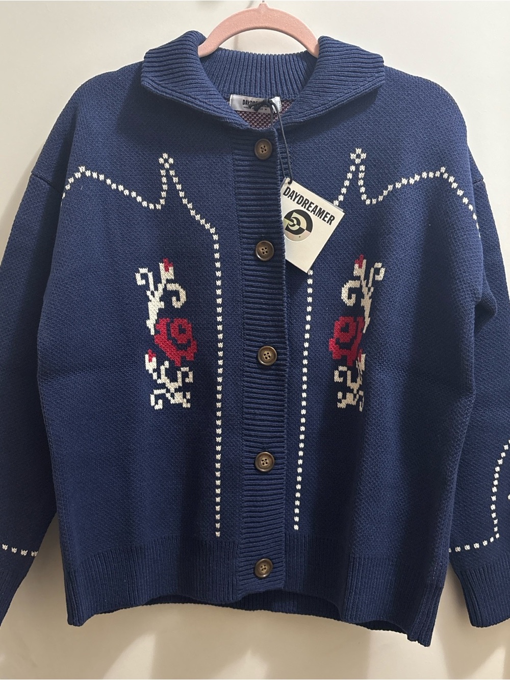 Daydreamer Navy Cardigan with Red Rose Embroidery